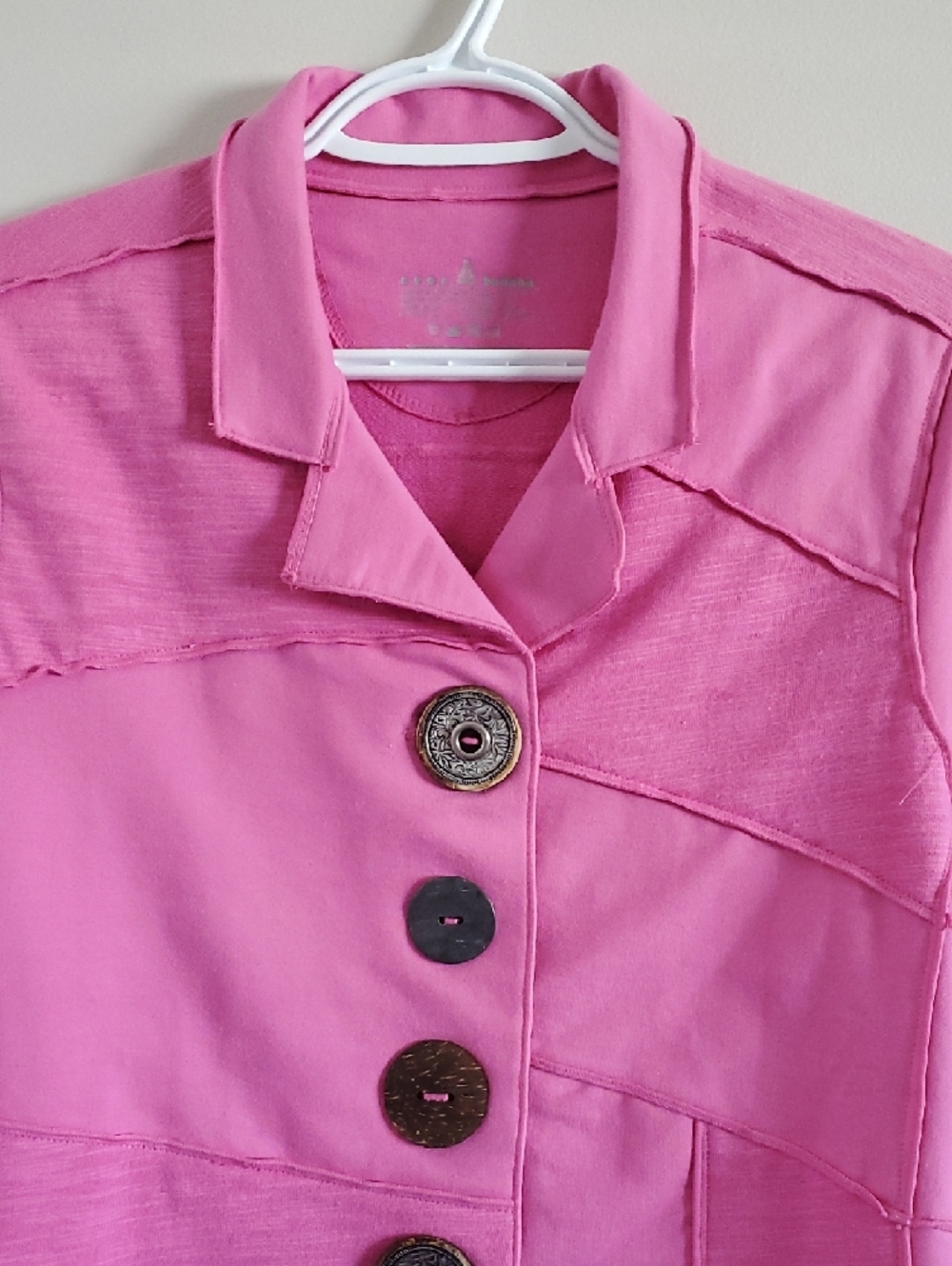 Neon Budha Pink Patched Large Button-Front Cotton Blazer Sz S Quirky Boho Artsy - Picture 3 of 14
